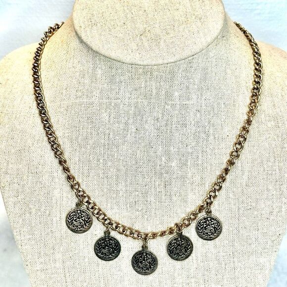 Vintage Anthropologie Bronze Curb Chain With Round Engraved Charms Adjustable Co - Picture 1 of 4